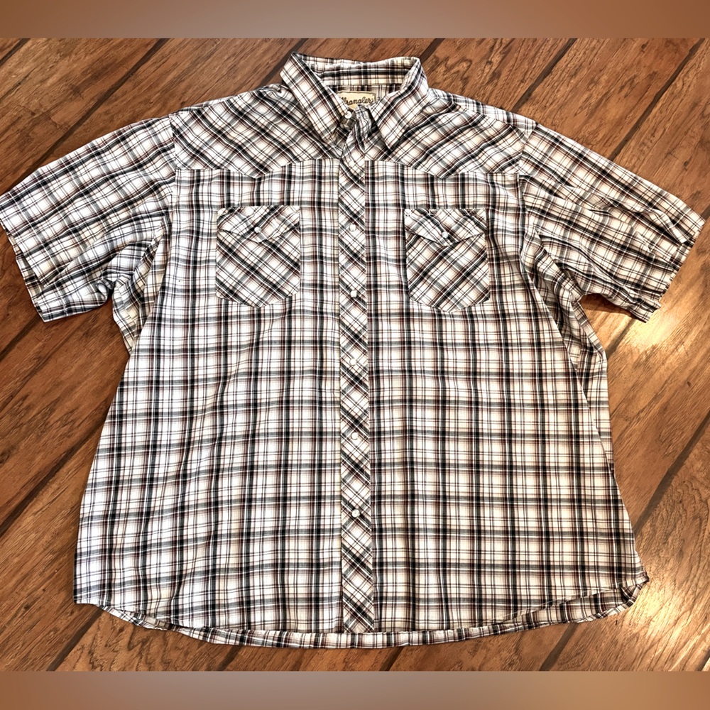 Wrangler Western men’s brown plaid pearl snap button down up shirt pockets 2XL